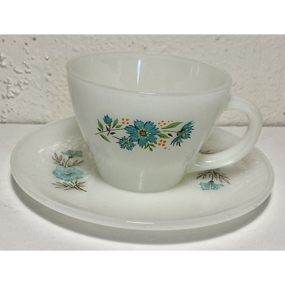 Vintage Fire King Oven Ware Bonnie Blue Carnation Flower Coffee Tea Cup Saucer